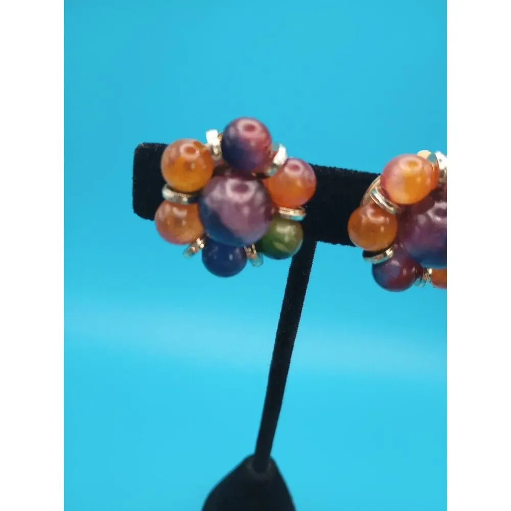 Round Cluster Ball Clip On Earrings Gold Tone Multi Color Plastic Resin